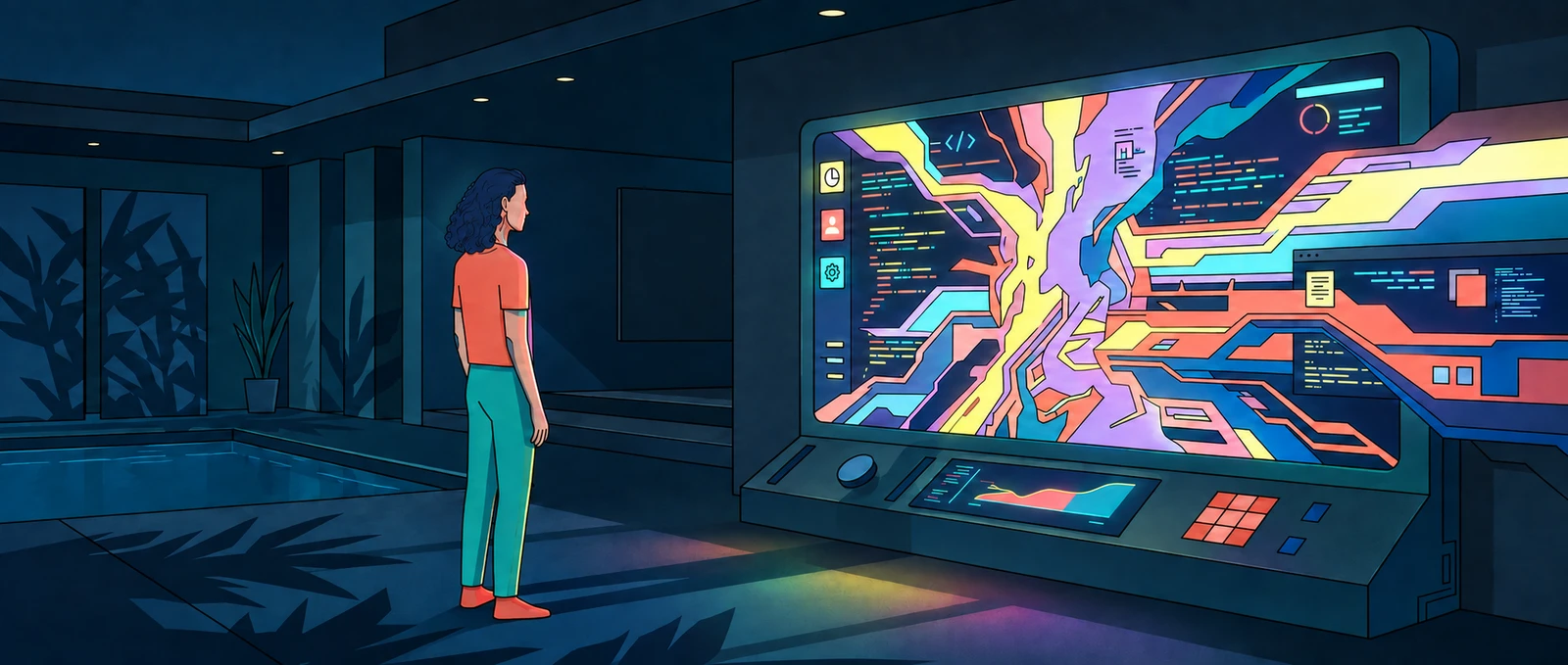 A person studies branching colored pathways on a large computer display.