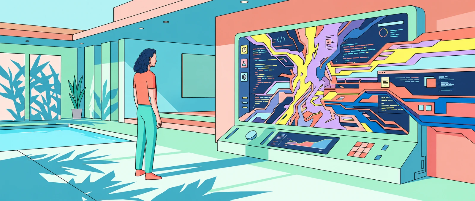 A person studies branching colored pathways on a large computer display.